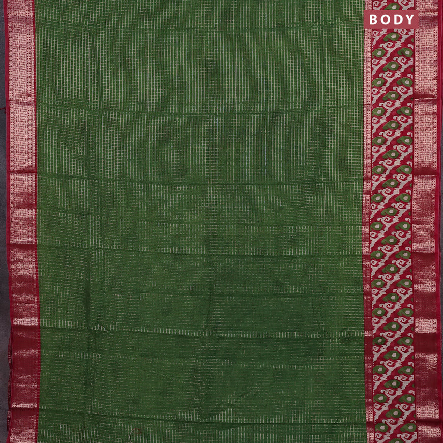 Assam silk saree green and red with allover zari checked pattern and rettapet zari woven ikat printed border