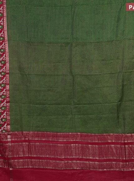 Assam silk saree green and red with allover zari checked pattern and rettapet zari woven ikat printed border