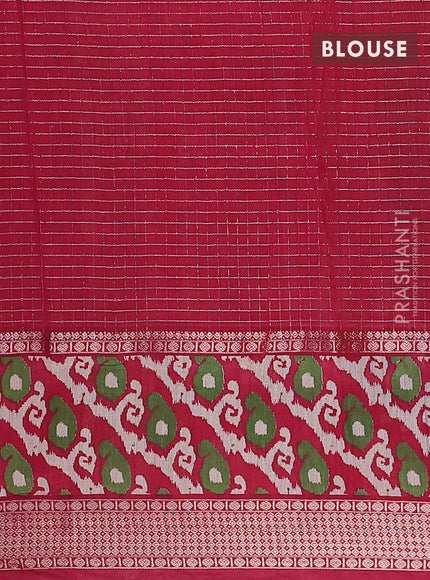 Assam silk saree green and red with allover zari checked pattern and rettapet zari woven ikat printed border