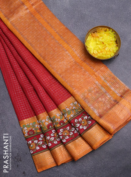 Assam silk saree red and mustard yellow with allover zari checked pattern and rettapet zari woven kalamkari printed border