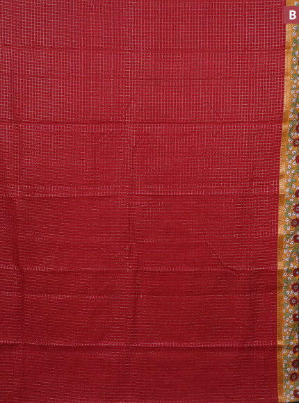 Assam silk saree red and mustard yellow with allover zari checked pattern and rettapet zari woven kalamkari printed border