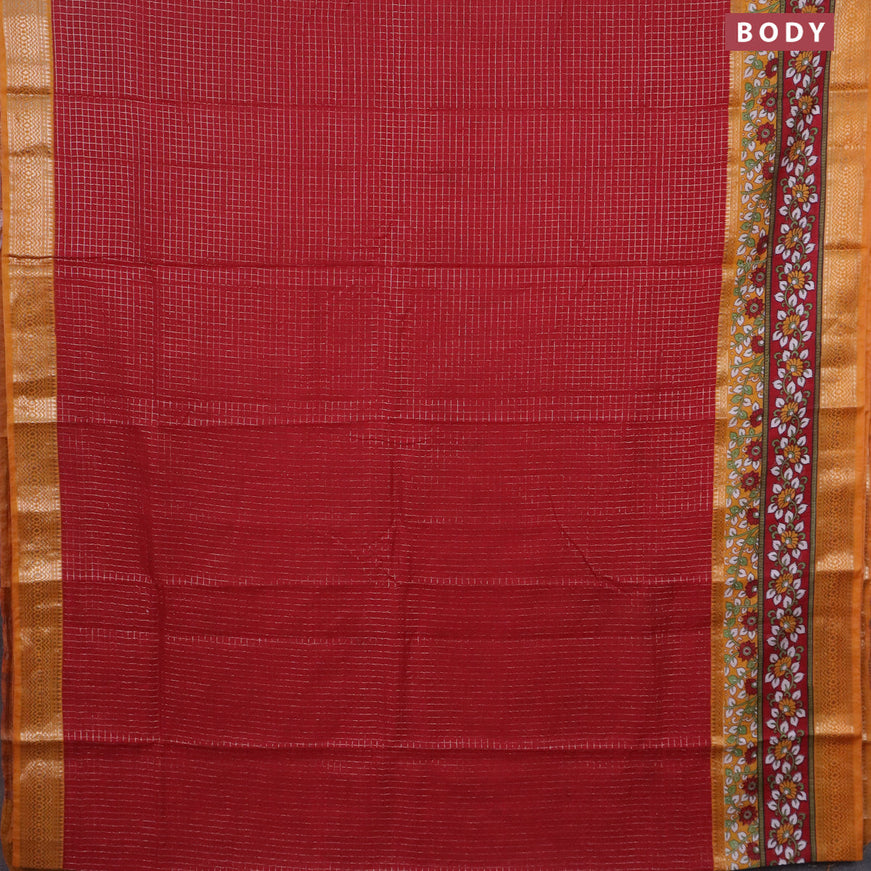 Assam silk saree red and mustard yellow with allover zari checked pattern and rettapet zari woven kalamkari printed border