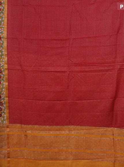 Assam silk saree red and mustard yellow with allover zari checked pattern and rettapet zari woven kalamkari printed border