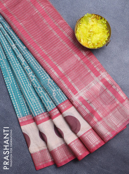 Assam silk saree teal green shade and pink with allover zari checked pattern & prints and rettapet zari woven printed border