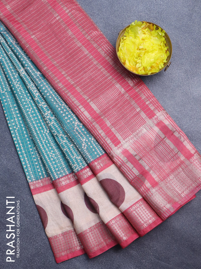 Assam silk saree teal green shade and pink with allover zari checked pattern & prints and rettapet zari woven printed border