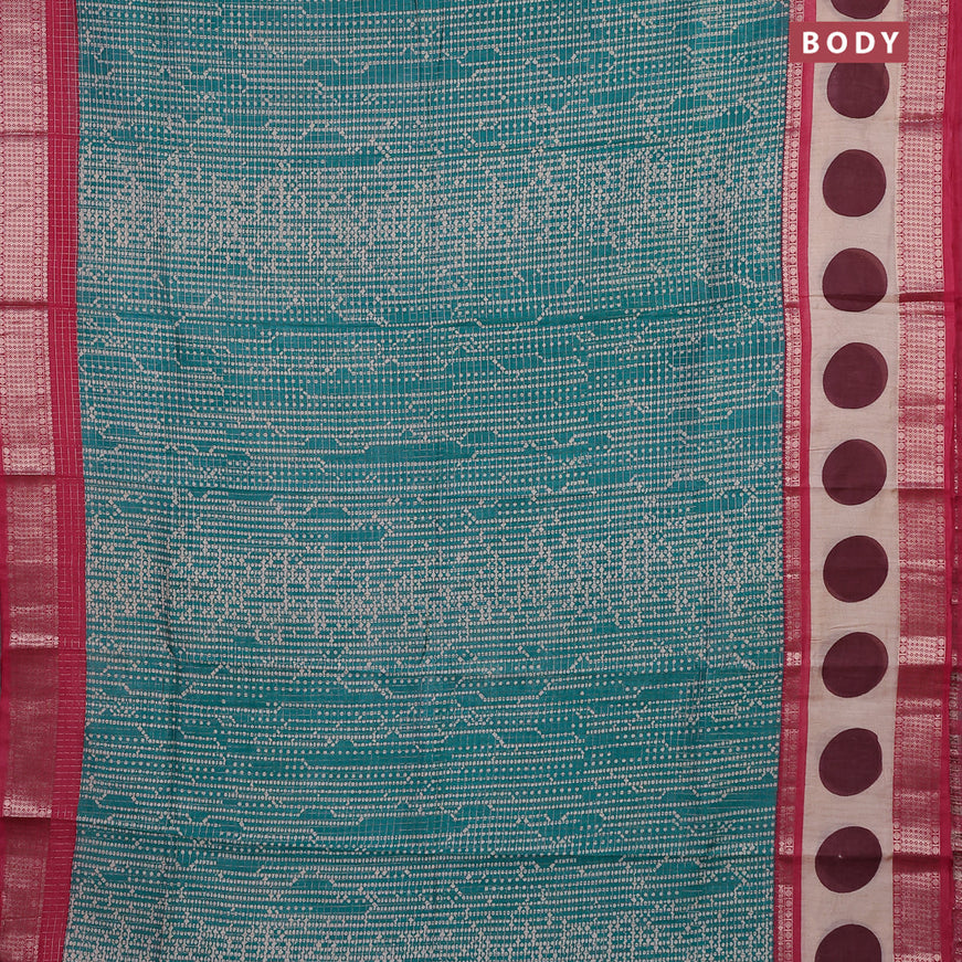 Assam silk saree teal green shade and pink with allover zari checked pattern & prints and rettapet zari woven printed border