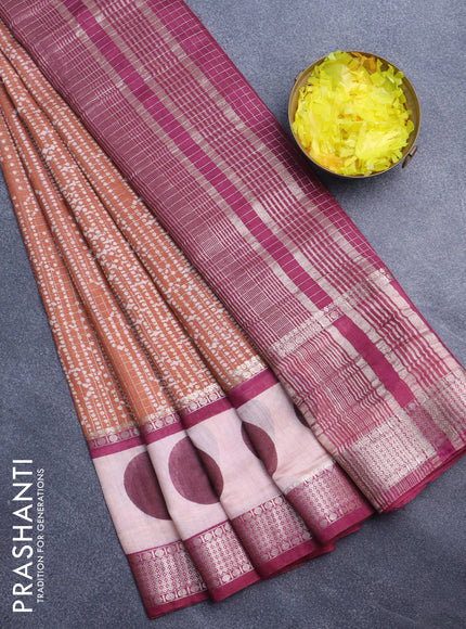 Assam silk saree orange and maroon with allover zari checked pattern & prints and rettapet zari woven printed border