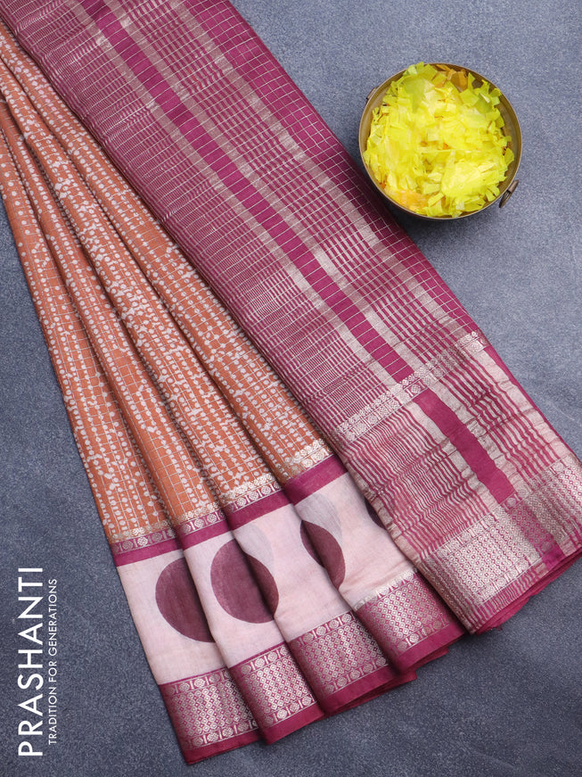 Assam silk saree orange and maroon with allover zari checked pattern & prints and rettapet zari woven printed border