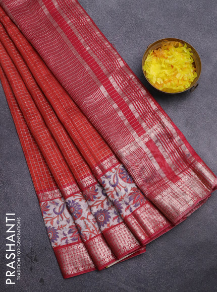 Assam silk saree orange and maroon with allover zari checked pattern and rettapet zari woven kalamkari printed border