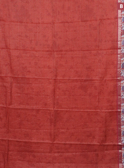 Assam silk saree orange and maroon with allover zari checked pattern and rettapet zari woven kalamkari printed border