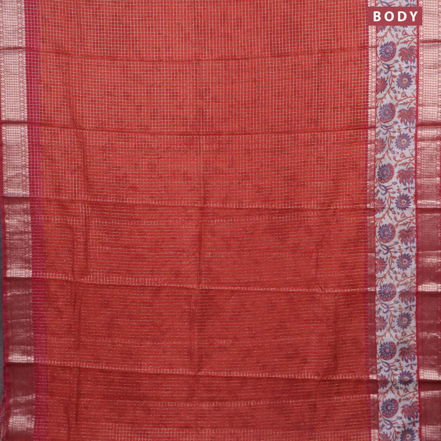 Assam silk saree orange and maroon with allover zari checked pattern and rettapet zari woven kalamkari printed border