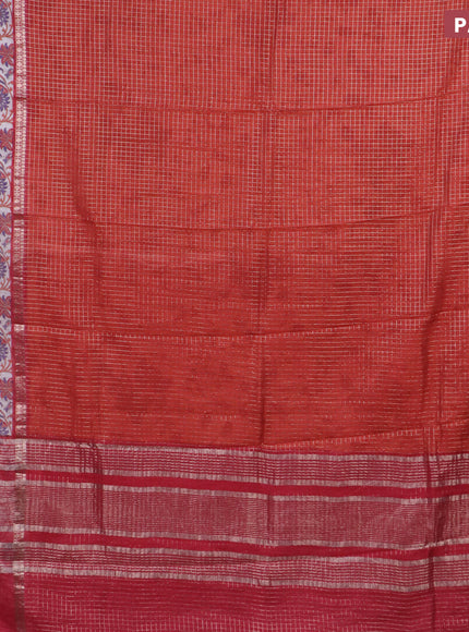 Assam silk saree orange and maroon with allover zari checked pattern and rettapet zari woven kalamkari printed border