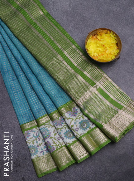 Assam silk saree teal blue and green with allover zari checked pattern and rettapet zari woven kalamkari printed border