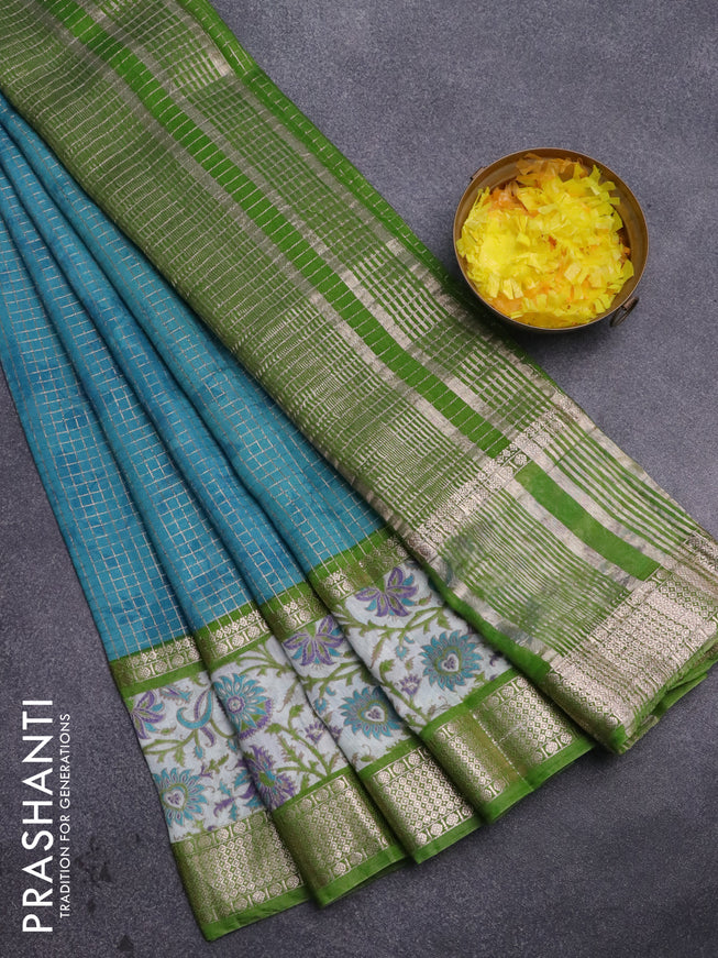 Assam silk saree teal blue and green with allover zari checked pattern and rettapet zari woven kalamkari printed border