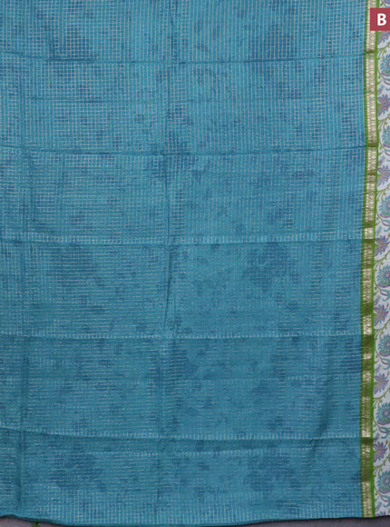 Assam silk saree teal blue and green with allover zari checked pattern and rettapet zari woven kalamkari printed border