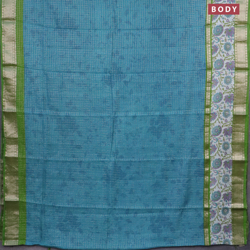 Assam silk saree teal blue and green with allover zari checked pattern and rettapet zari woven kalamkari printed border