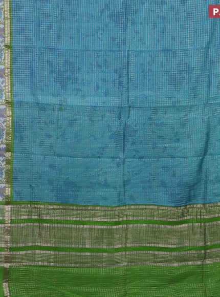 Assam silk saree teal blue and green with allover zari checked pattern and rettapet zari woven kalamkari printed border