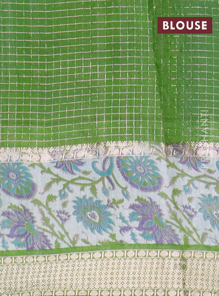 Assam silk saree teal blue and green with allover zari checked pattern and rettapet zari woven kalamkari printed border