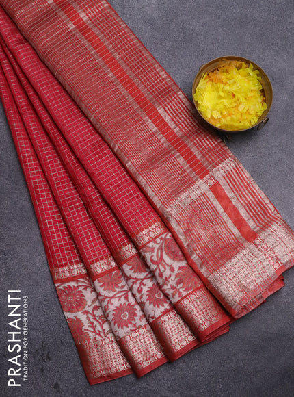 Assam silk saree red and rust shade with allover zari checked pattern and rettapet zari woven kalamkari printed border