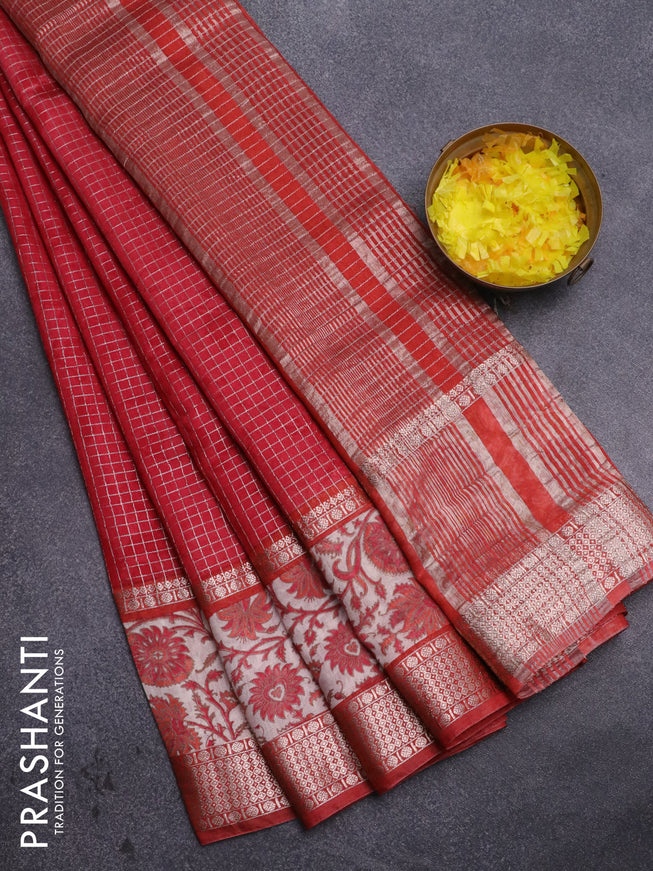 Assam silk saree red and rust shade with allover zari checked pattern and rettapet zari woven kalamkari printed border