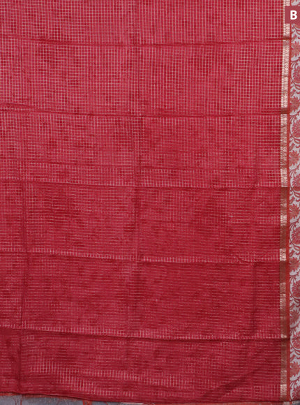 Assam silk saree red and rust shade with allover zari checked pattern and rettapet zari woven kalamkari printed border