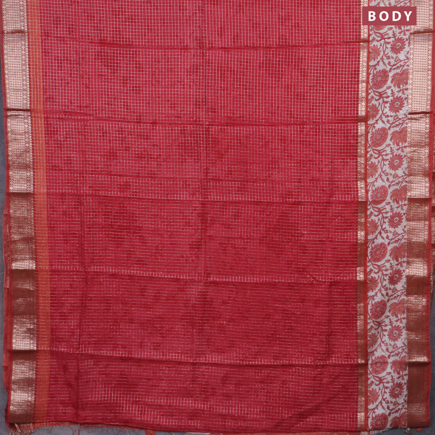 Assam silk saree red and rust shade with allover zari checked pattern and rettapet zari woven kalamkari printed border