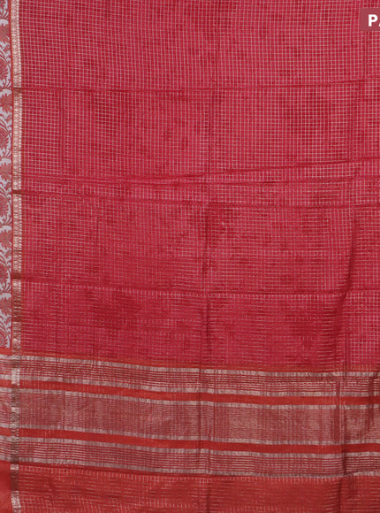 Assam silk saree red and rust shade with allover zari checked pattern and rettapet zari woven kalamkari printed border