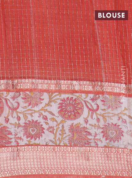 Assam silk saree red and rust shade with allover zari checked pattern and rettapet zari woven kalamkari printed border