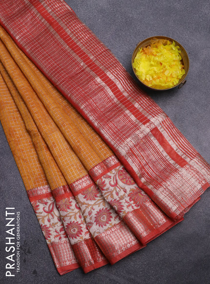 Assam silk saree mustard yellow and orange with allover zari checked pattern and rettapet zari woven kalamkari printed border