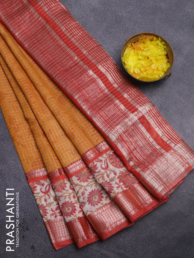 Assam silk saree mustard yellow and orange with allover zari checked pattern and rettapet zari woven kalamkari printed border