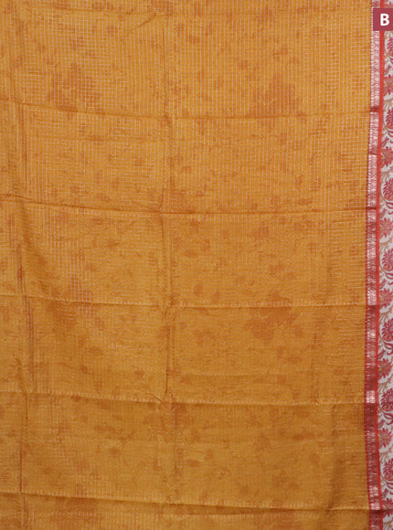 Assam silk saree mustard yellow and orange with allover zari checked pattern and rettapet zari woven kalamkari printed border