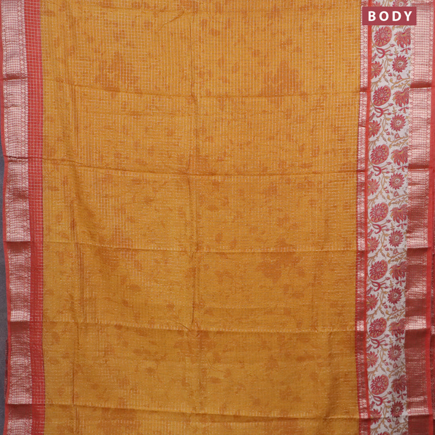 Assam silk saree mustard yellow and orange with allover zari checked pattern and rettapet zari woven kalamkari printed border