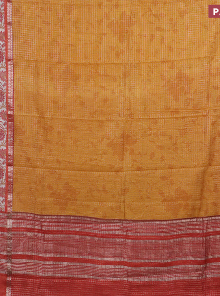 Assam silk saree mustard yellow and orange with allover zari checked pattern and rettapet zari woven kalamkari printed border