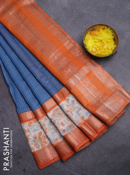 Assam silk saree peacock blue and orange with allover zari checked pattern and rettapet zari woven ikat printed border