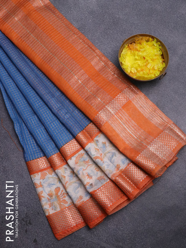 Assam silk saree peacock blue and orange with allover zari checked pattern and rettapet zari woven ikat printed border