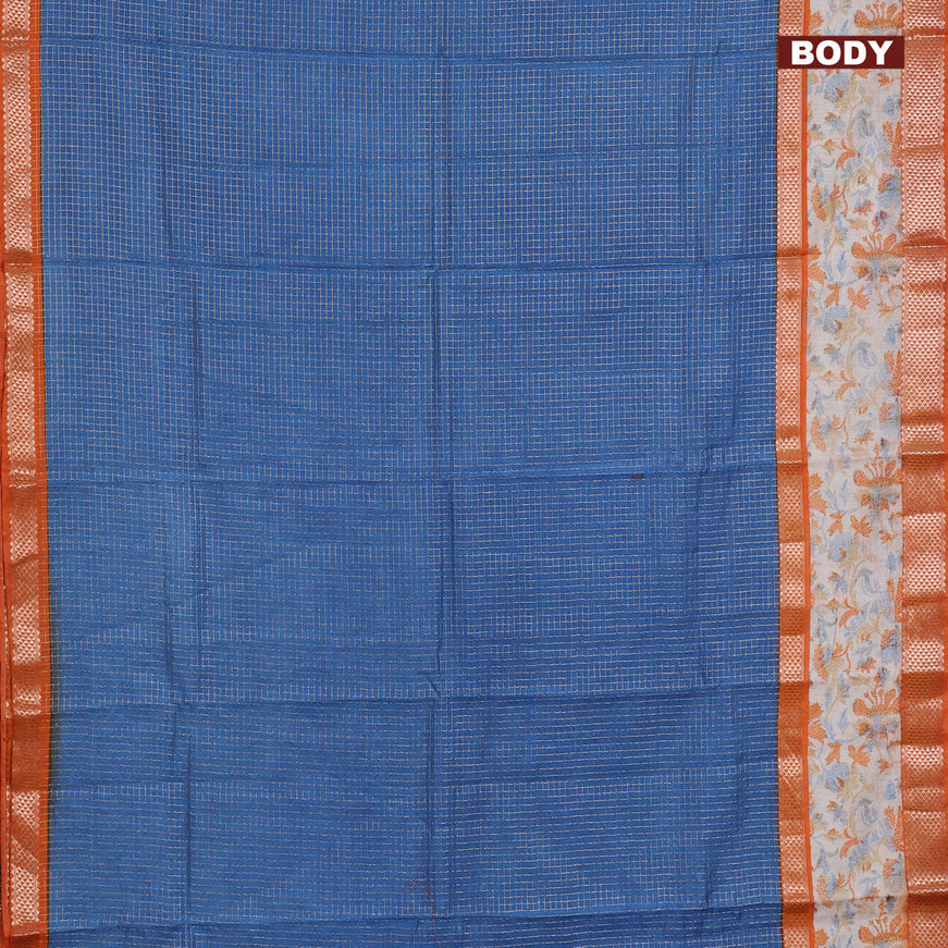 Assam silk saree peacock blue and orange with allover zari checked pattern and rettapet zari woven ikat printed border