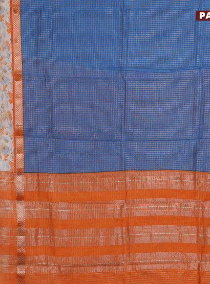 Assam silk saree peacock blue and orange with allover zari checked pattern and rettapet zari woven ikat printed border