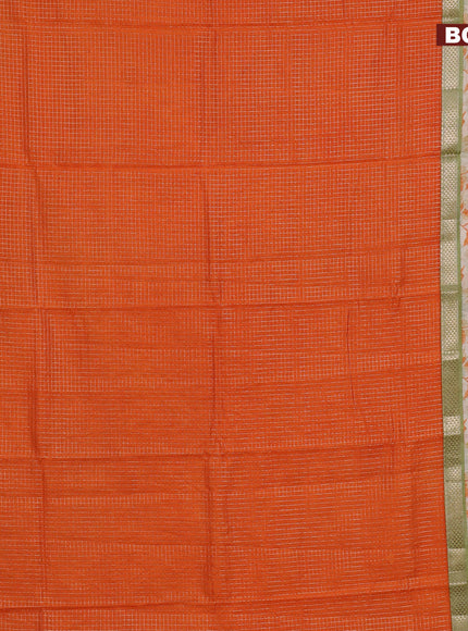 Assam silk saree orange and pastel green shade with allover zari checked pattern and rettapet zari woven ikat printed border