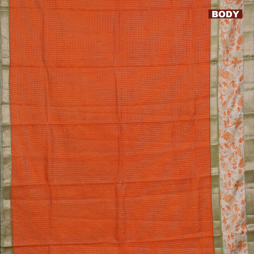 Assam silk saree orange and pastel green shade with allover zari checked pattern and rettapet zari woven ikat printed border