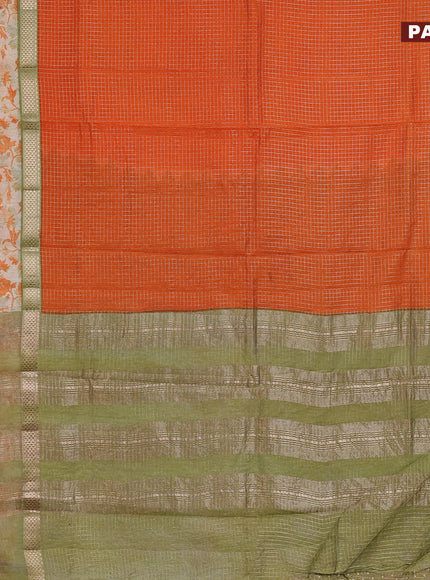 Assam silk saree orange and pastel green shade with allover zari checked pattern and rettapet zari woven ikat printed border