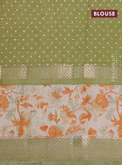 Assam silk saree orange and pastel green shade with allover zari checked pattern and rettapet zari woven ikat printed border