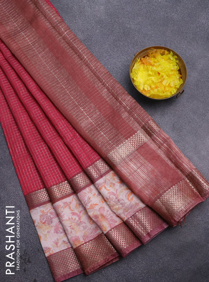 Assam silk saree pink and pastel maroon shade with allover zari checked pattern and rettapet zari woven ikat printed border