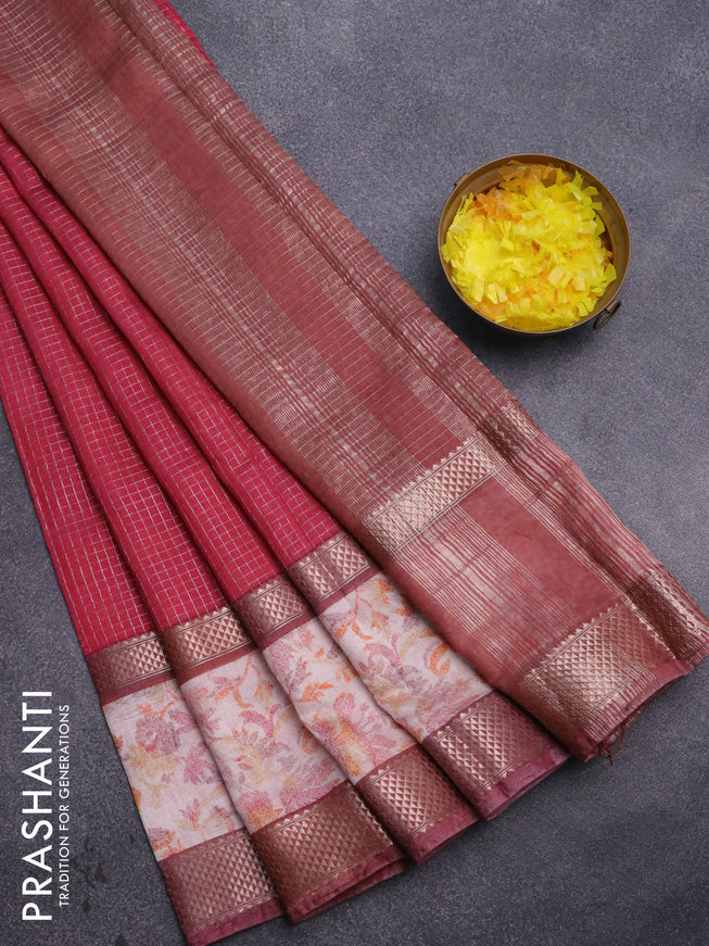 Assam silk saree pink and pastel maroon shade with allover zari checked pattern and rettapet zari woven ikat printed border