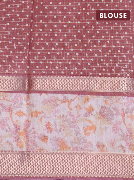 Assam silk saree pink and pastel maroon shade with allover zari checked pattern and rettapet zari woven ikat printed border