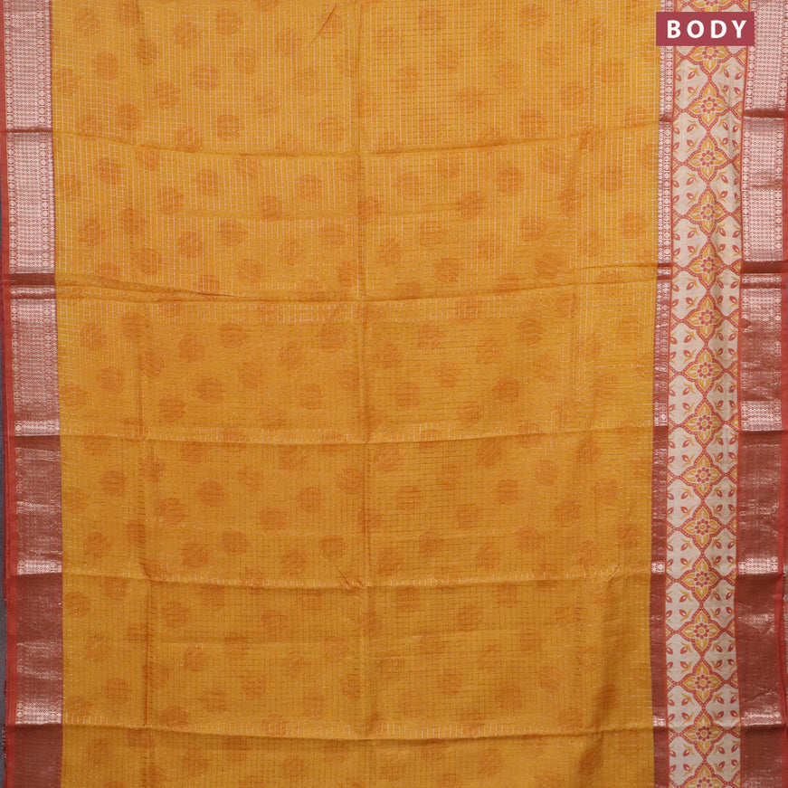 Assam silk saree mango yellow and rust shade with allover zari checked pattern and rettapet zari woven printed border