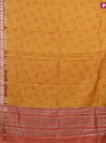 Assam silk saree mango yellow and rust shade with allover zari checked pattern and rettapet zari woven printed border