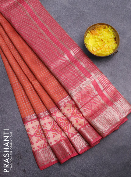 Assam silk saree orange and pink with allover zari checked pattern and rettapet zari woven printed border