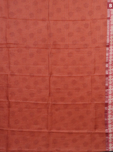 Assam silk saree orange and pink with allover zari checked pattern and rettapet zari woven printed border