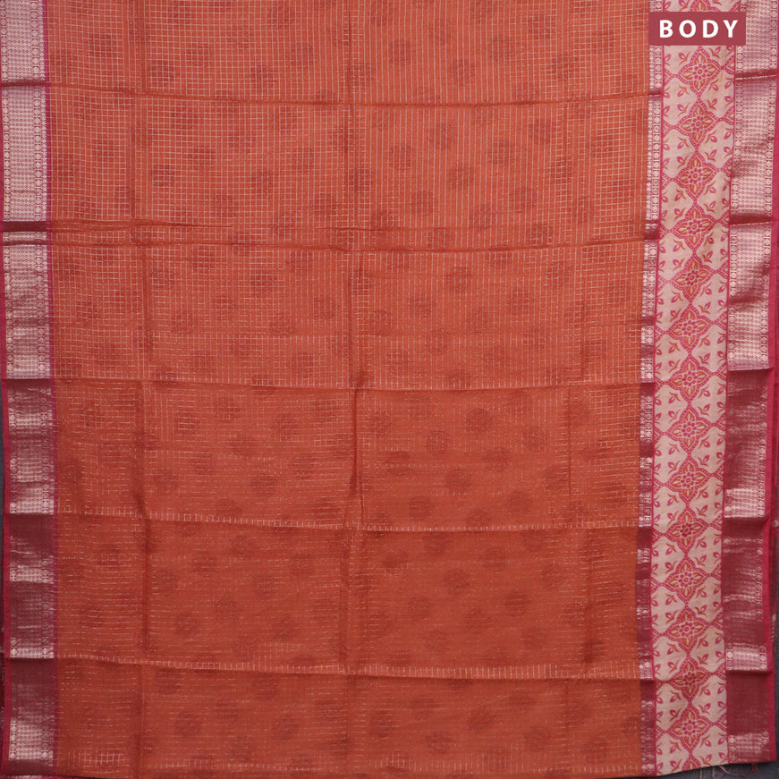 Assam silk saree orange and pink with allover zari checked pattern and rettapet zari woven printed border