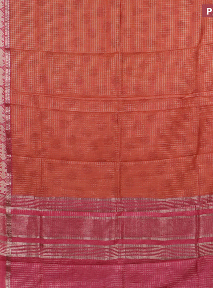 Assam silk saree orange and pink with allover zari checked pattern and rettapet zari woven printed border